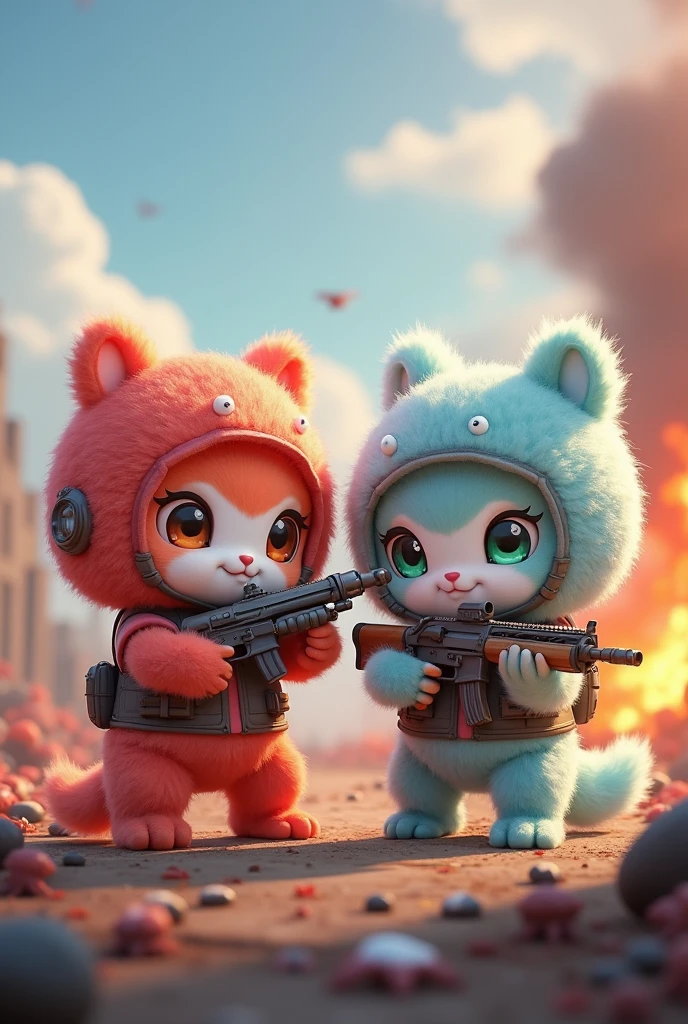 Two small, very furry, fluffy creatures with no ears ,that look like stuffed animals, one bright red and the other light blue,both very feminine and very tender with bulletproof vest ,helmet and weapons that are playing free fire and are sisters in plush mode and with long eyelashes and a small bow with a war in the background, the one that is red with brown eyes and the one that is light blue with green eyes