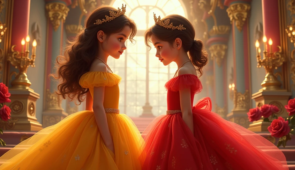 Two girls, one in yellow, the other in red., Cinderella Blue Party, house background