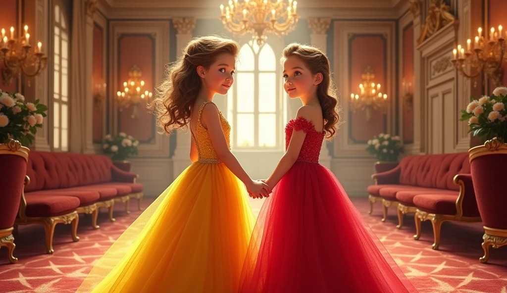 Two girls, one in yellow, the other in red., Cinderella Blue Party, house background