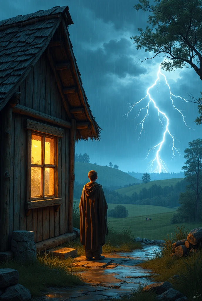 A house with a person in it; the rains are getting very intense; the view outside the house; lightning struck