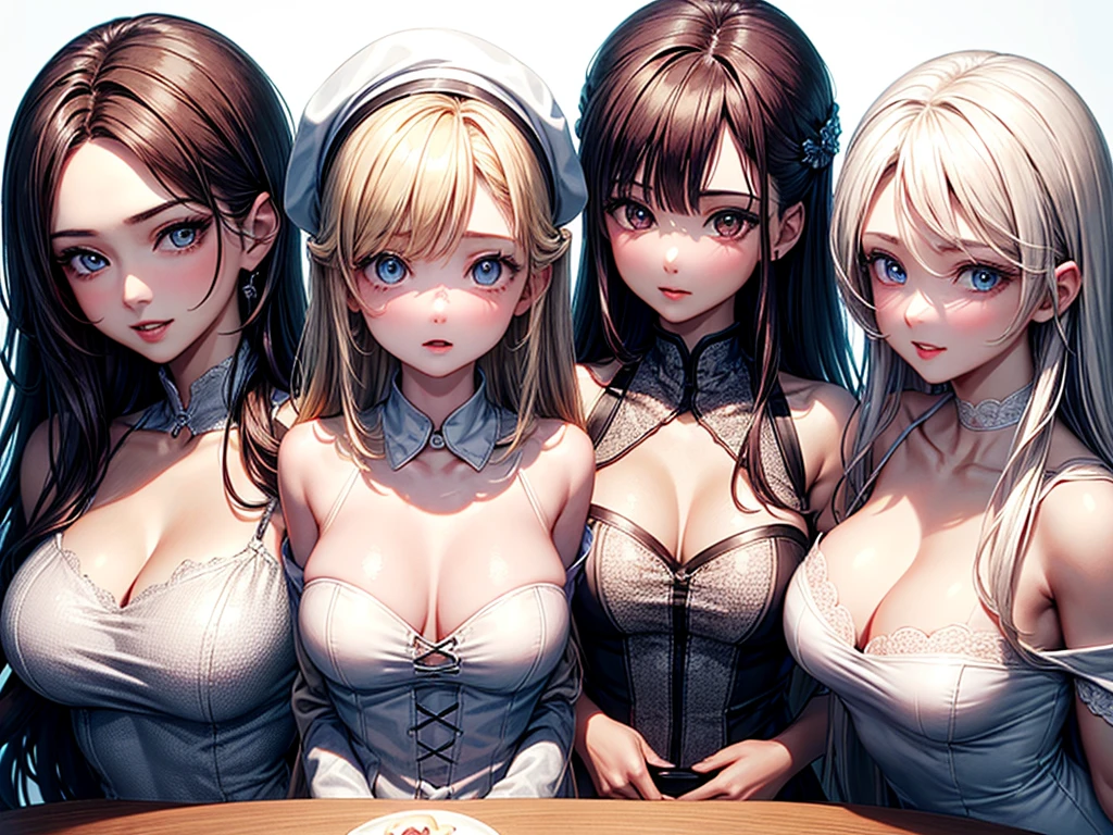 (((((3 girls:1.3)))))、(((forehead、3 girls:1.3、white blond hair:1.3、cowboy shot:1.3、A calm face、long hair、Northern Europe、White、beautiful girl、White Blonde、Blonde、White background、Off-the-shoulder dress:1.3、、cute、Young、True Face、Shiny Hair、whole body)))、table top, highest quality, figure, super detailed, finely, High resolution, 8k wallpaper, Perfect dynamic composition, detailed and beautiful eyes, Deco out,bionde, breasts, Natural color lip,white background, random cute poses,