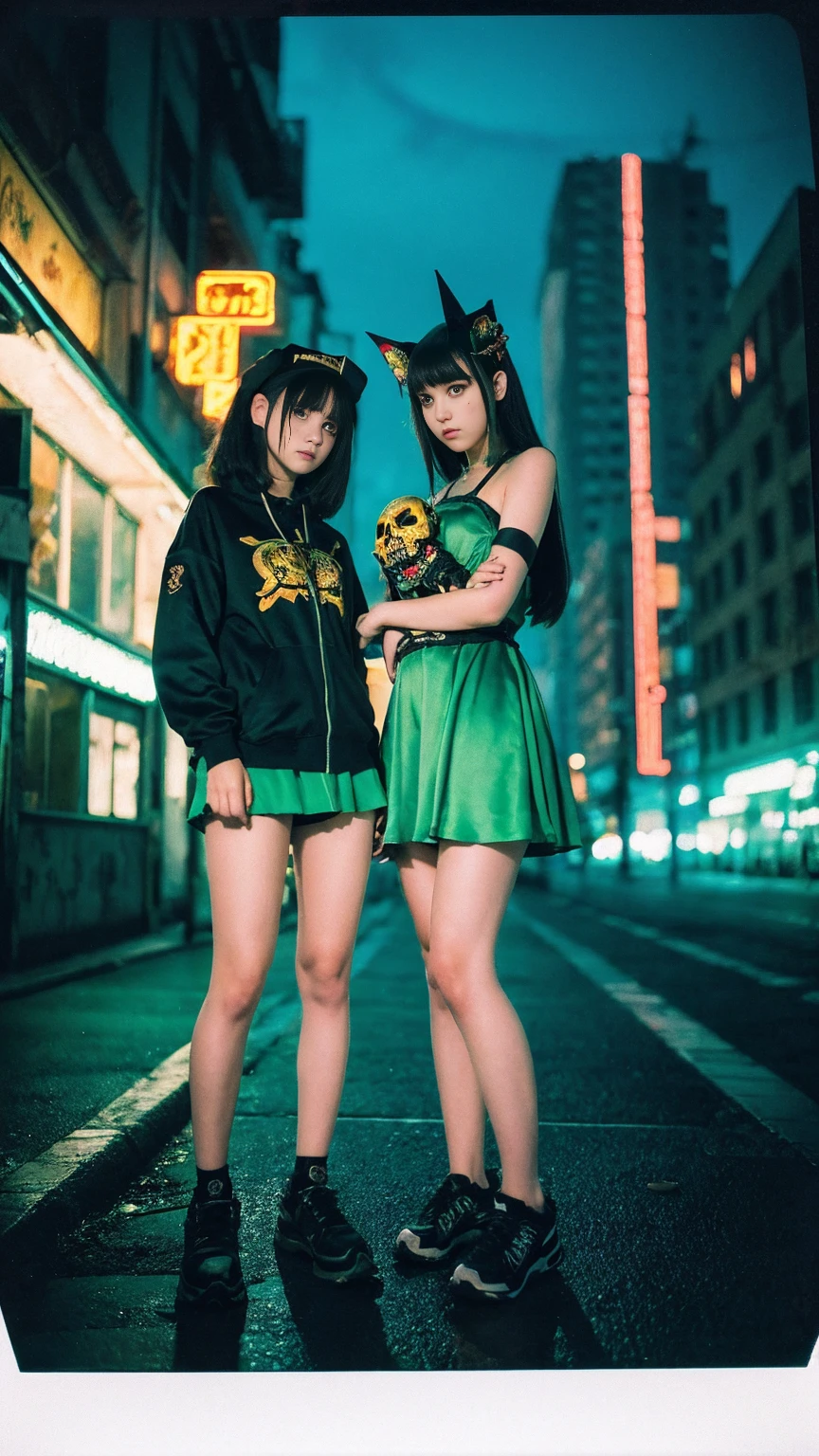 masterpiece, best quality, ultra detailed, hyper detailed, beautiful, exquisite, FHD, 8K, absurdres, 2 girls, skull, grumpy, at dusk, with a starry sky, outside, cyberpunk, full body shot, instax, tilt-shift lens, green hues