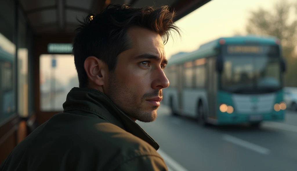 Reflective Backward Glance:** A close-up of Aman looking back at the bus with a thoughtful expression, the morning light creating a serene backdrop and the bus looking mundane.