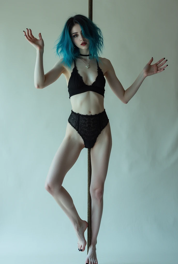 Femboy
1 boy with pale white skin
Emo hair style from blue to black
Gothic makeup
Male body
Boy
Effeminate man with feminine and fine features
Barefoot with black painted nails
Black painted toenails
Wearing black lingerie dancing on a pole