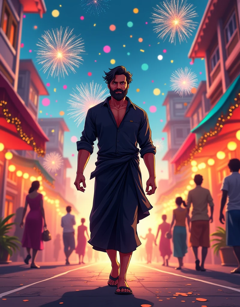 Create a anime style landscape image. Vibrant and dynamic image featuring a man walking confidently down a festive street. The man has a medium skin tone, a full beard, and dark, wavy hair. He is wearing a black shirt and black dhoti. The background is filled with colorful confetti and fireworks, creating a celebratory atmosphere. The street is illuminated with bright lights, and there are buildings and decorations visible on both sides. The overall scene is lively and energetic, capturing a moment of joy and celebration.