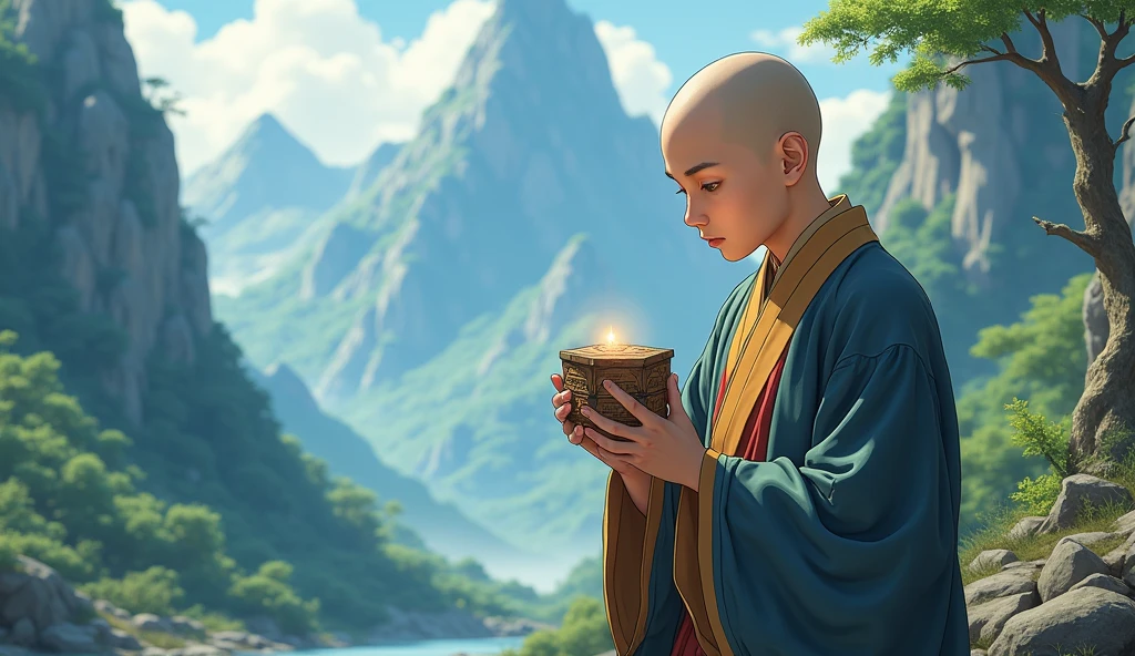 Chinese old bald young desciple looking at tiny box which he is holding at hand, concerned, beautiful scenario, surrounded by mountains, trees, in anime style,