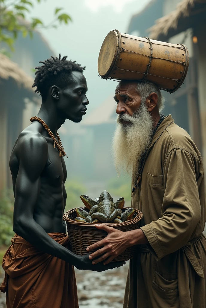 A skinky black skin man selling frog in the basket and drum on his head standing with old white beard man marrying eachother