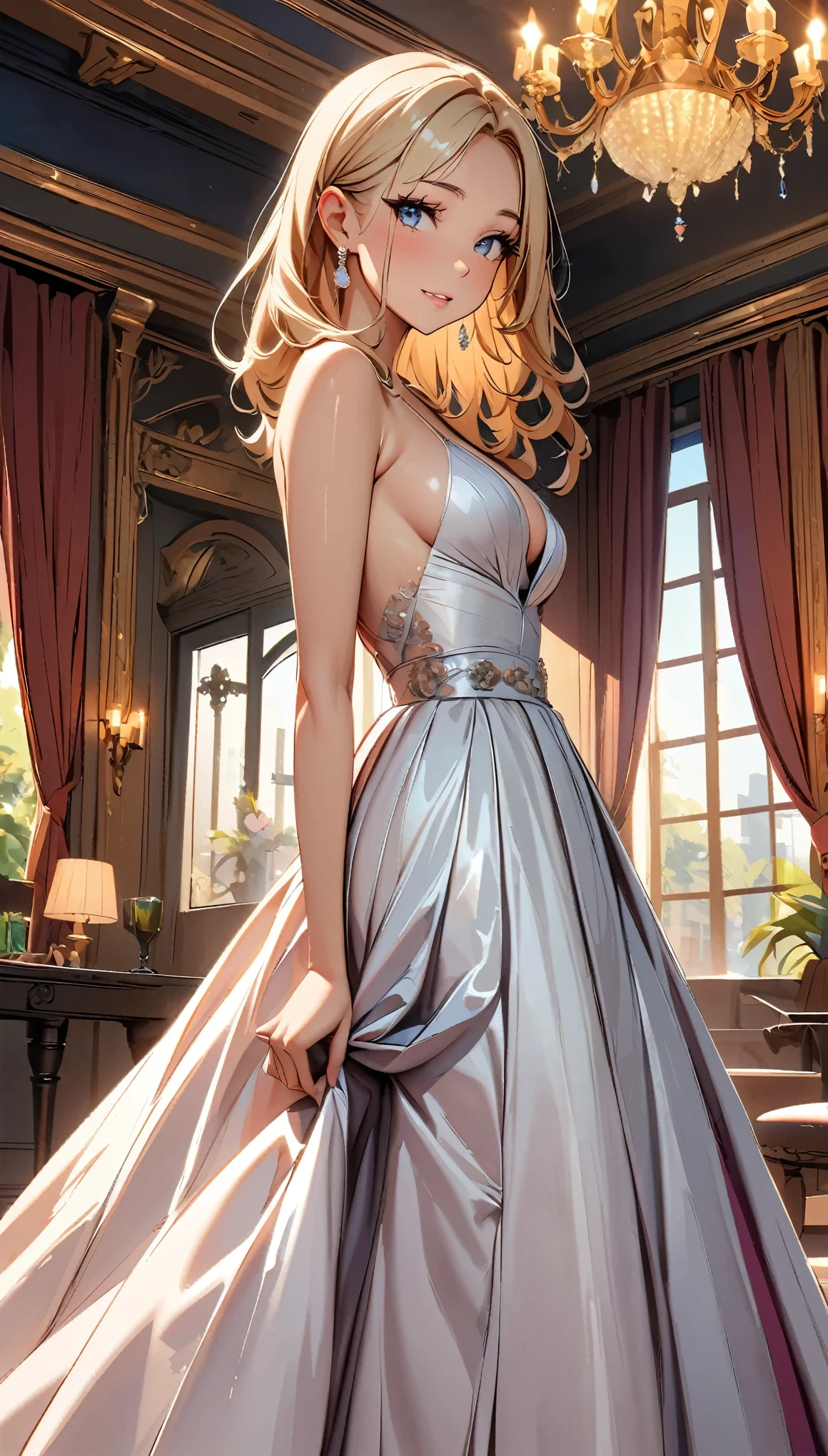 (best quality:1.2, High Detail, masterpiece:1.2, Best aesthetics), (1 girl), Beautiful woman, Formal evening gown, Beautiful and delicate eyes, Beautiful and delicate lips, The face is rich in detail, Exquisite and stylish, elegant, luxurious, High quality fabrics, shine, shine, Room, chandelier, Luxuriously decorated room, Dramatic Lighting, Movie, Vibrant colors, Intricate details, chiaroscuro lighting.
