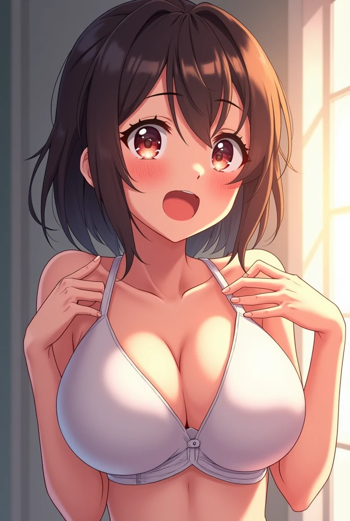 anime girl, but excited, Ahegao, huge breasts, touching breasts, innocent