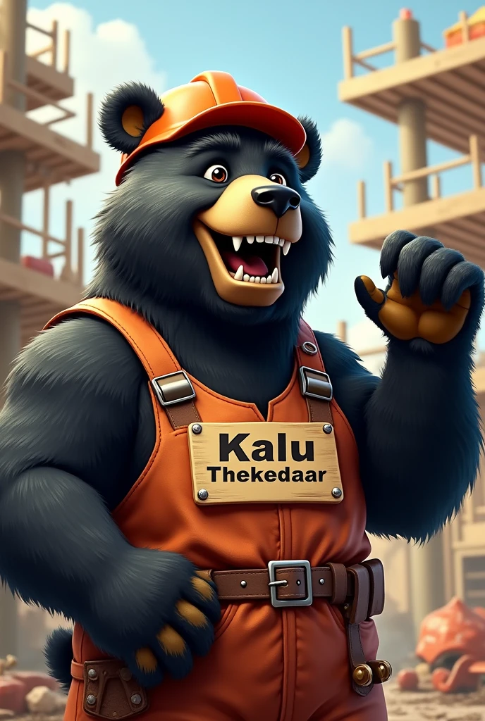 A funny black adult bear showing teeth and raising hand, as construction contractor , with name plate “Kalu Thekedaar”