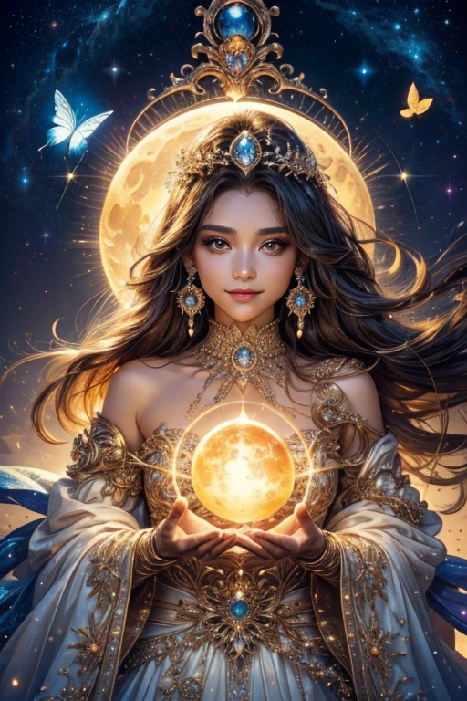 A light orb with magician circle around the orb, hand, many shining butterfly, beautiful smile, sparkle sky, shining, gust of wind, light bright flowers, sun and moon, dark light of fantastic and cosmological with universal. Amazing view very bright and warm starry. Detail, HD, Enchanted. Multiple colours. Beautiful perfect face and anatomy. Amazing bright dress. Very epic and bright, best pose. A goddess. Golden shining accessories. Cute. Sky half bright, half starry dark