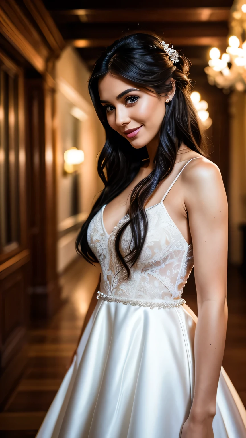 Realistic full body photo of a smiling black-haired woman with long hair, She dances in front of the camera wearing a long A-line wedding dress with straps made of shiny white satin, Park,glamour fotoshooting, Wedding celebration, perfect anatomy, perfect brown eyes. Perfect hands with 5 fingers on each hand, Matching girl, looking at the camera, 1 Frau. (Eye make up:1.1), (highly detailed skin:1.1), spirit, analog style, keen focus, 8K  UHD, dslr, good quality, Fujifilm XT3, Grain, Award-winning, ​masterpiece. Wedding celebration