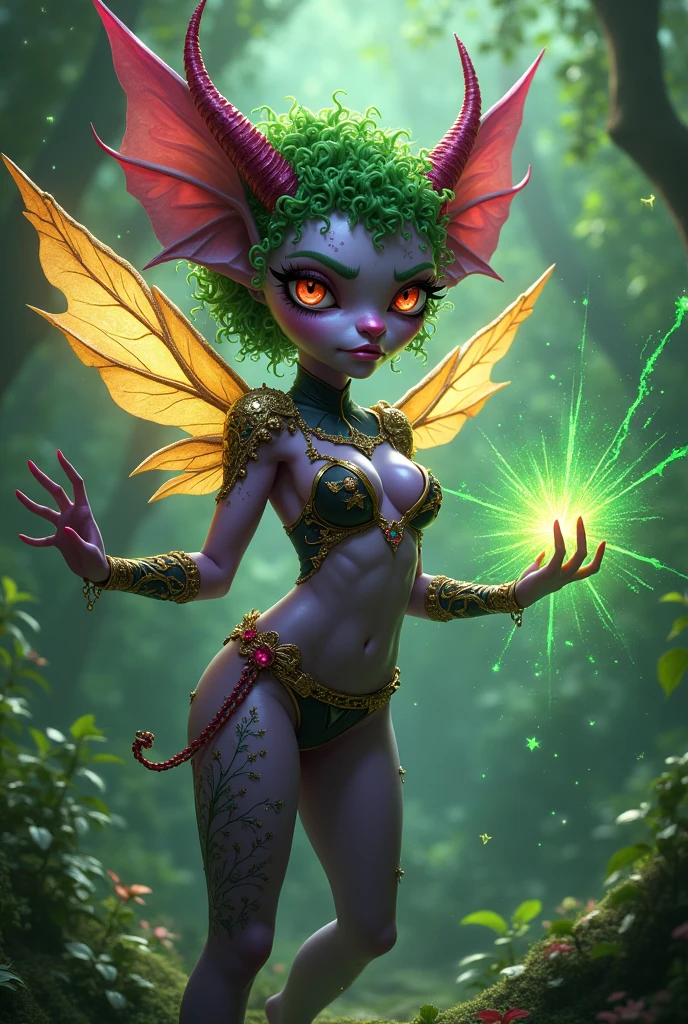 Prismatic coloration. Jungle like environment. A Short young Gremlin like Plant woman with a Deep purple skin tone lit up with heavy miniscule starlike freckles & a set of B-cup breasts, bearing curvaceous hips, Slender Legs, & a round but small ass. She has short leaf green curly hair stopping at the top of her neck with various flowers growing within. She is wearing a revealing Black & Purple Bikini like armor exposing much of her chest area with Golden celestial designs & an otherworldly Tiara on her head. She has a serious face with a sad frown & a stern gaze in her sharp Rainbow Glowing eyes with black sclera & a heavily freckled form. She has long sharp Crystal like Blood-Red Demonic horns radiating heavenly energy & a set of elegant Elven ears. She has long Ruby red vine like tattoos running all around her body accompanied by Crimson Star-like Tattoos running along them. She has a small cute deer like snout. She has large Crystal Golden Fairy-like wings with a starlike pattern. She is seen in a battle stance summoning verdant green Stardust magic from her fingertips. nsfw