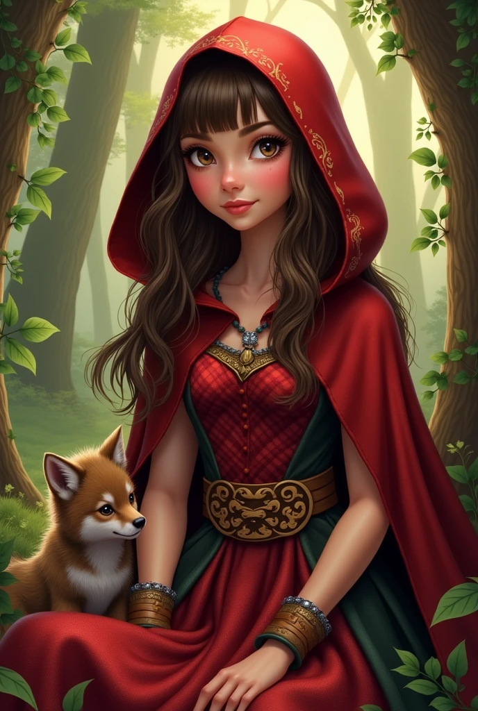 Imagem da filha da Cerise Hood e da Cedar Wood de Ever After High: You must have straight, wavy hair with brown bangs and white highlights., eyes browns, Light brown skin, big red hood, red dress with gray details, with red and black checkered details on the top and red with leaves on the bottom, wooden and leafy elements in clothing, brown boot with a wolf cub next to it
