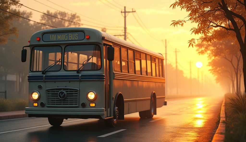 Bus with First Light:** The bus under the first rays of the morning sun, appearing ordinary and calm, with a slight glow from the early sunlight.