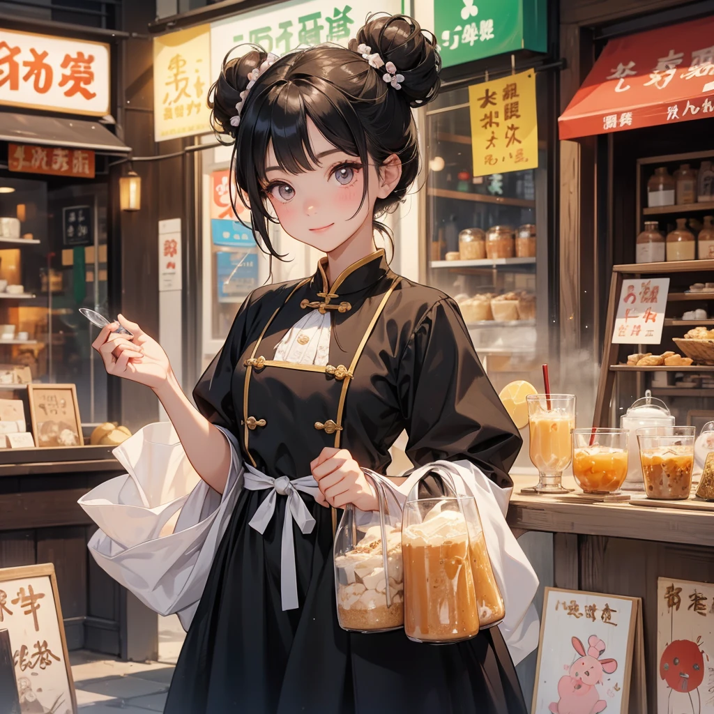 A chibi child girl had a small face and Wearing little Taoist priest's outfit. A pair of big round eyes shone with curiosity about him. This child was so cute! ,her hair is black with two buns on her hair, smiling,looked up with his chest raised, and pround. 

Standing holding a large glass of milk tea, drinking in front of a milk tea shop, in a bustling city, where there are a lot of people.