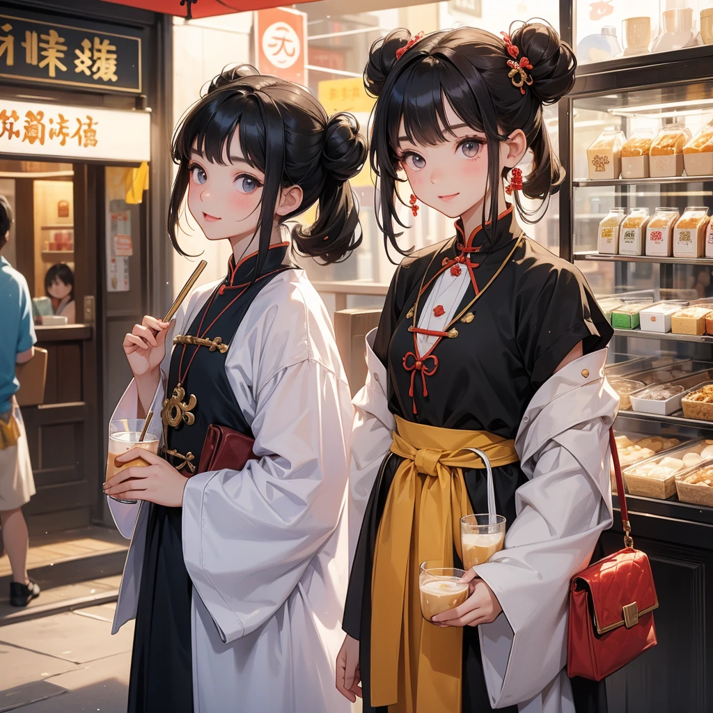 A chibi child girl had a small face and Wearing little Taoist priest's outfit. A pair of big round eyes shone with curiosity about him. This child was so cute! ,her hair is black with two buns on her hair, smiling,looked up with his chest raised, and pround. 

Standing holding a large glass of milk tea, drinking in front of a milk tea shop, in a bustling city, where there are a lot of people.