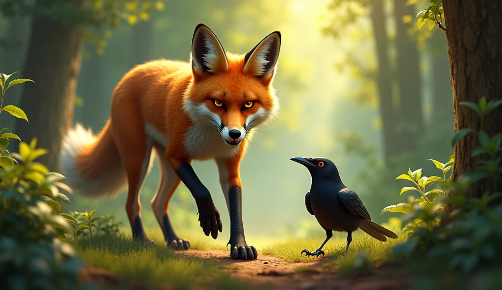 The arrival of the fox: A hungry fox is seen walking in the forest. He has eyes on the crow, and a sly smile on his face.