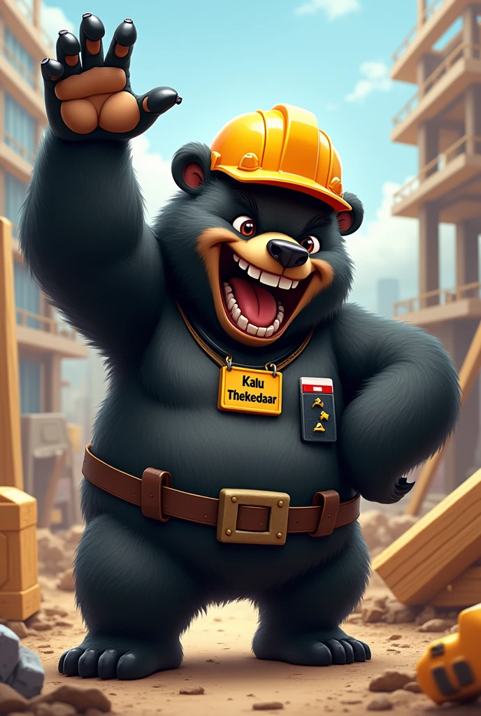 A funny black adult bear showing teeth and raising hand with attitude, as construction contractor , with name plate “Kalu Thekedaar”