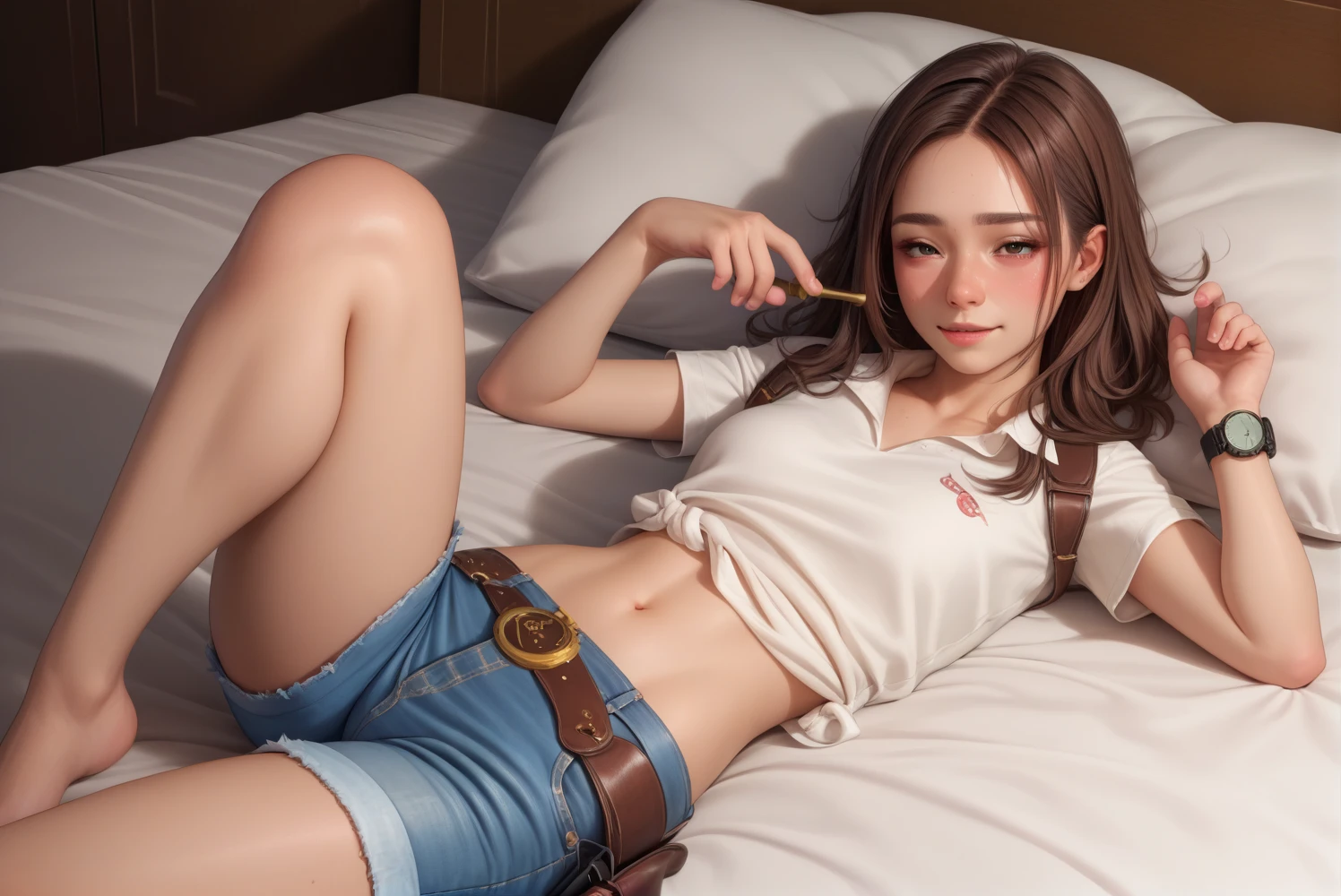 Sexy Cowgirl,Brown ultra short sleeve collared cowgirl shirt,Denim hot pants,Western belt with holster,Western Boots,Watch on wrist,Navel exposed,Drunk,Above the knee shot,Open your eyes,Lying in bed,Ultra-high resolution,16K