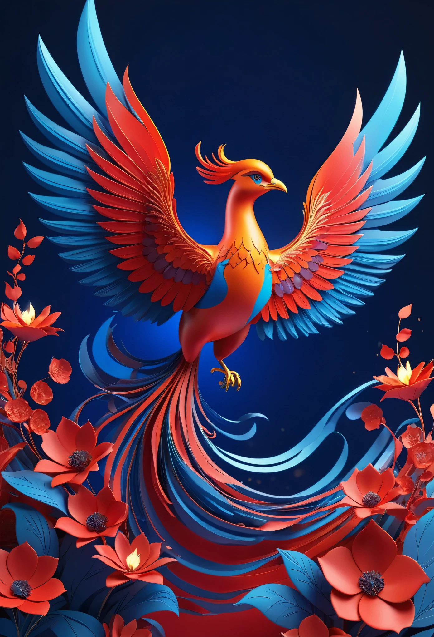 abstract 3D shape flying Phoenix, foliage and flowers incorporated, light emitting, red and blue background