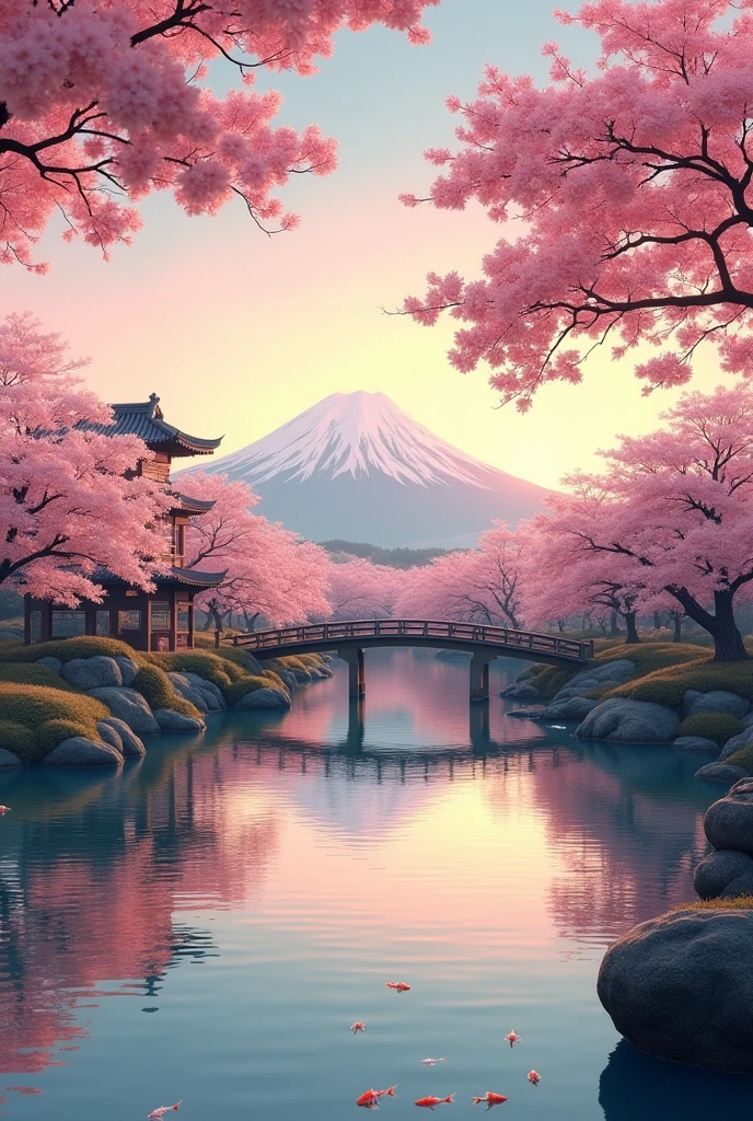 (digital painting), (best quality), serene japanese garden, cherry blossoms, koi pond, pedestrian bridge, pagoda, mount fuji, ukiyo-e art style, hokusai inspiration, deviant art pop, 8k hyper realistic, soft color scheme, soft lighting, golden hour, tranquil atmosphere, landscape orientation
