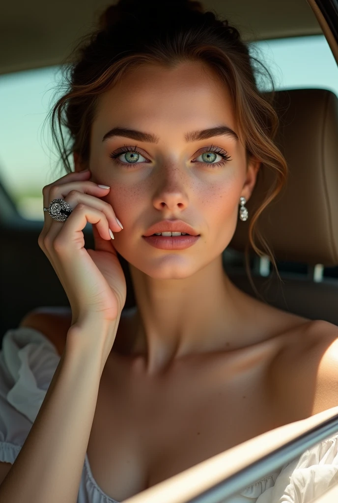 a beautiful young woman, 20 years old, sitting in a car, wearing french angle, diamond earrings, charcoal ring, blue eyes, slightly curly hair tied back, freckles on her cheeks, medium-sized bust, (best quality,4k,8k,highres,masterpiece:1.2),ultra-detailed,(realistic,photorealistic,photo-realistic:1.37),portrait,highly detailed facial features,cinematic lighting,warm color tones,intricate details