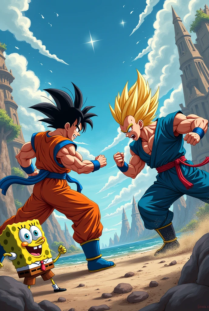 Goku and Vegeta fighting Spongebob