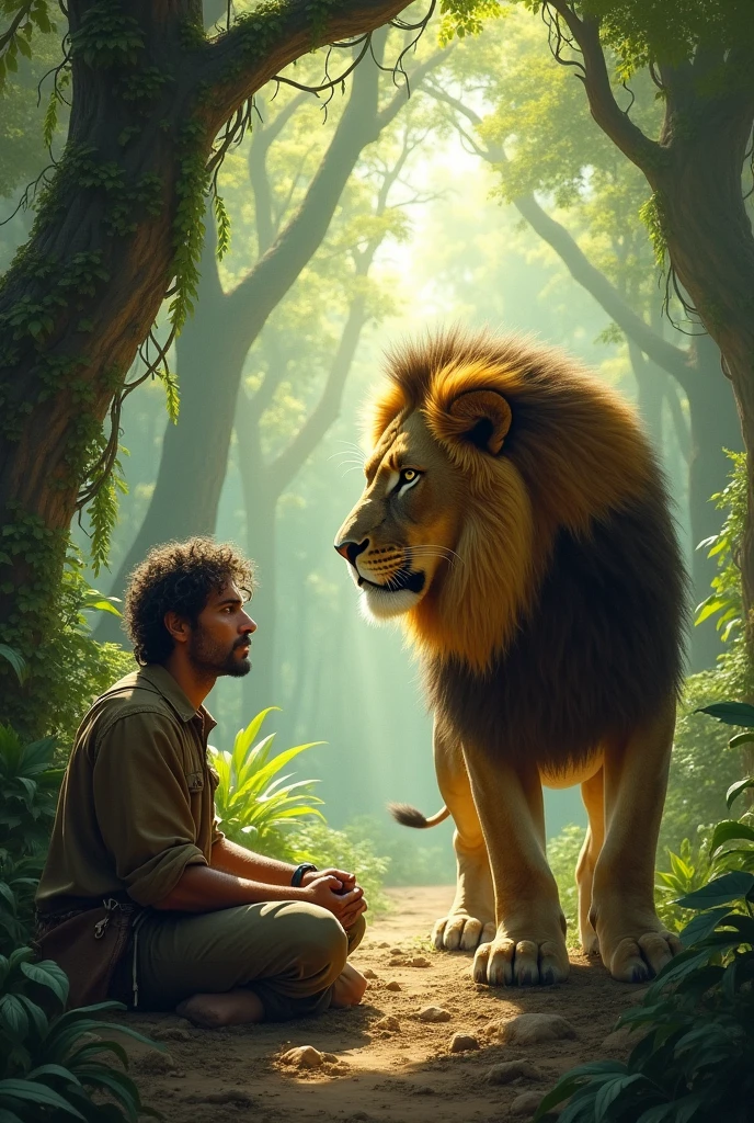 In the jungle, a man lives alone and a lion comes to him 