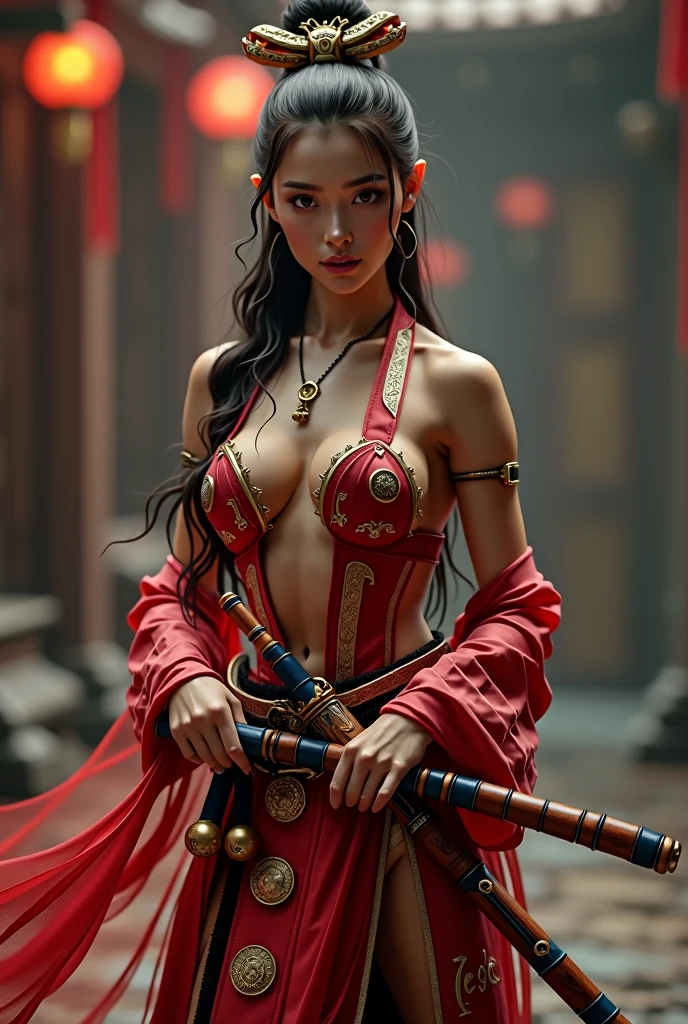 samurai woman, ((masterpiece, highest quality, Highest image quality, High resolution, photorealistic, Raw photo, 8K)), ((Extremely detailed CG unified 8k wallpaper)), (huge stunning goddess shot, very hot and sexy, revealing, full body, jaw-dropping beauty, perfect proportions, beautiful body, slim body beauty:1.4),