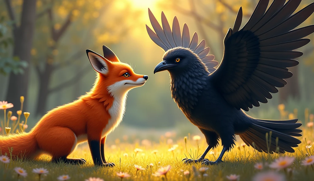 Fox's flattery: The fox is standing in front of the crow smiling and admiring the crow. The brightness of the crow's wings is visible in the sunlight.