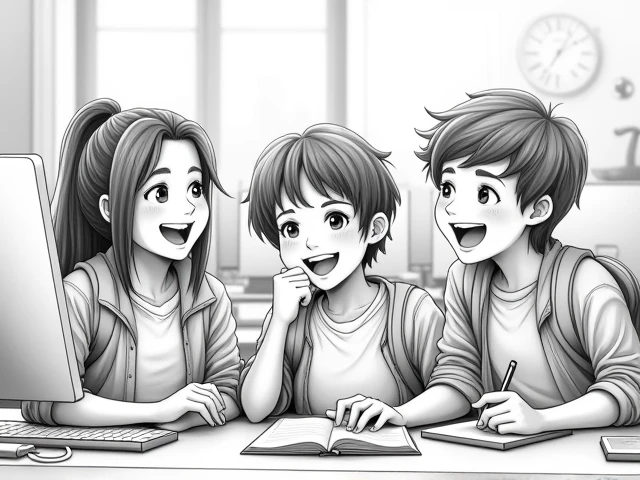 Computer Classroom, Students studying, happy expression, Excited expression, classroom background, pencil sketch
