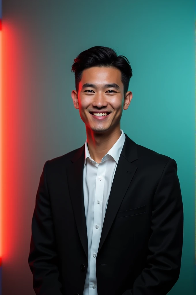 A young man with dark hair and a confident smile. He is dressed in a black blazer over a white shirt.The man is positioned Against Aqua colour backdrop with a subtle red lighting on the left side. And he posting for LinkedIn profile

