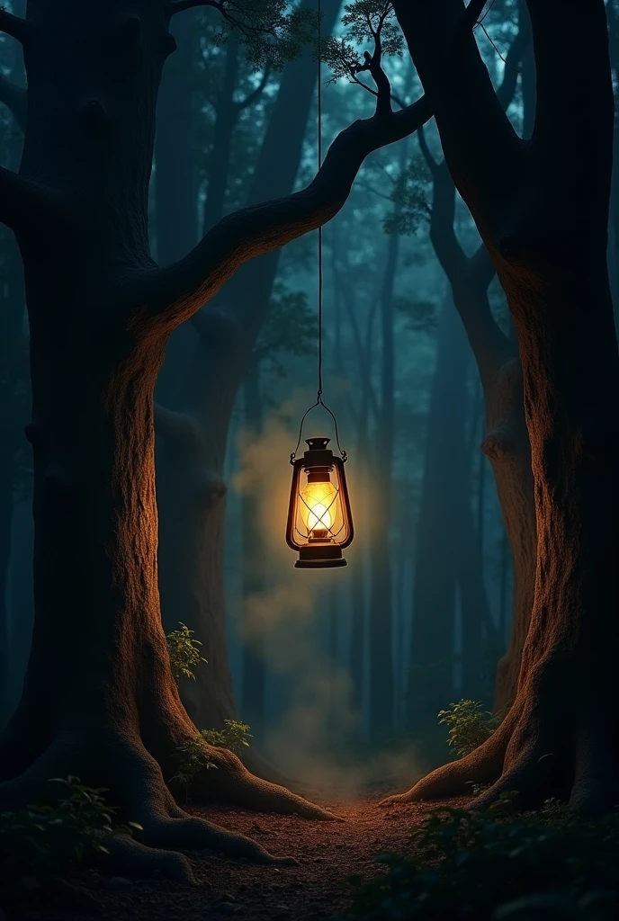Lantern in the darkness forest