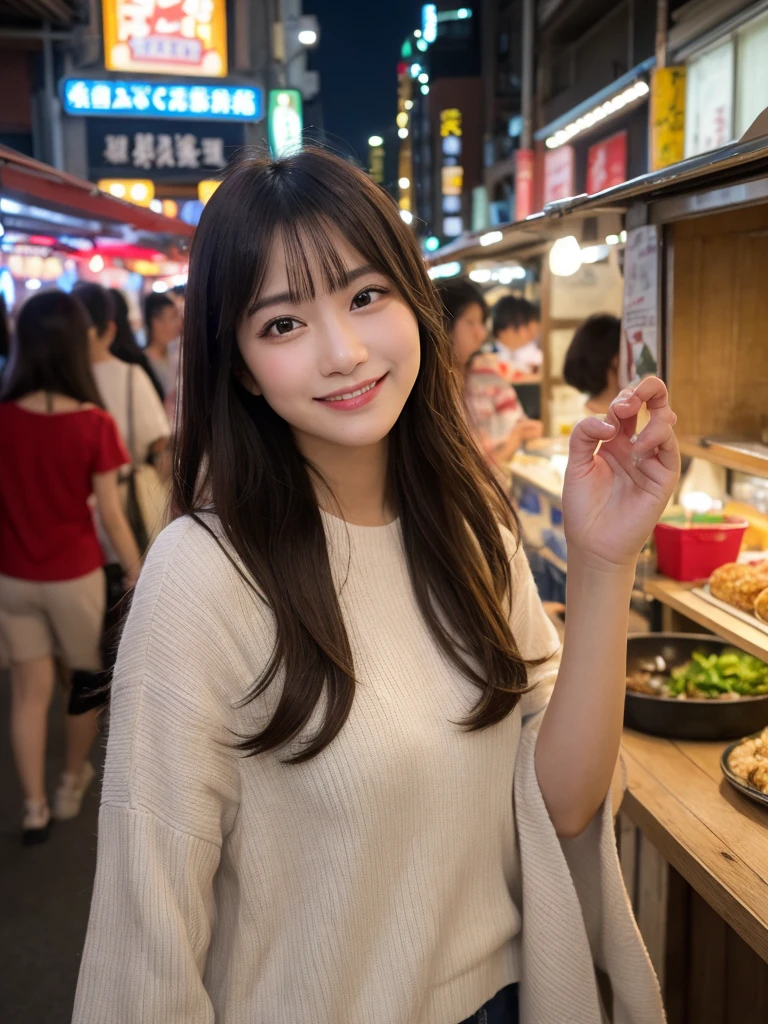 1girl, solo, highres, best_quality, masterpiece, detailed_background, intricate_details, beautiful, fukuoka, hakata, yatai_stalls, night_market, street_food, casual_clothes, smile, looking_at_viewer, dynamic_pose, natural_pose, candid, happy