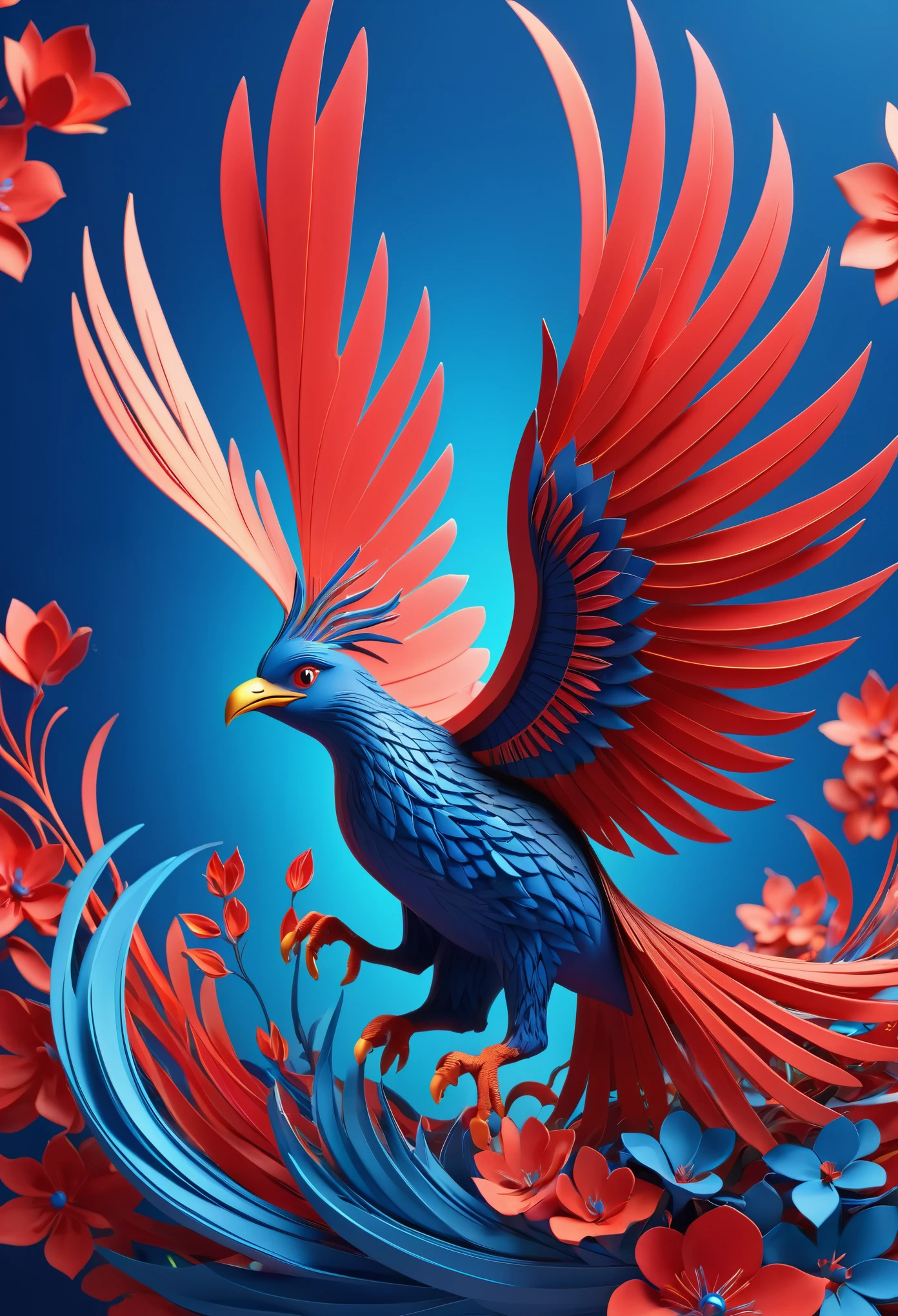 abstract 3D shape flying Phoenix, foliage and flowers incorporated, light emitting, red and blue background