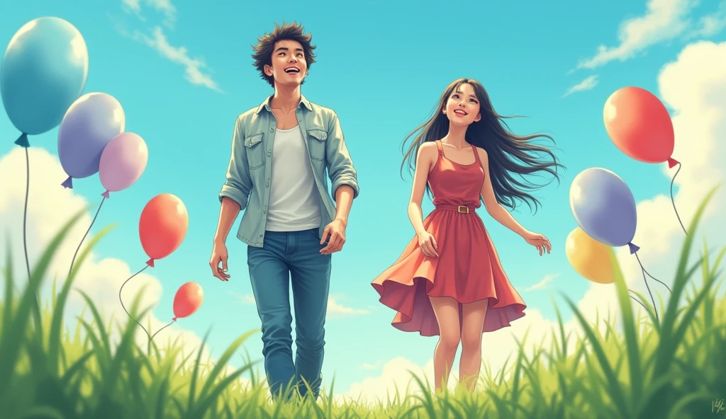 Two Japanese male and female university students in fashionable clothes are looking up with cheerful expressions on the grass,Excited, Photo of your face, Blue and red balloons floating in the background, with a natural look, With a slightly tired look, tilt your face a little, Diagonal orientation, Average face