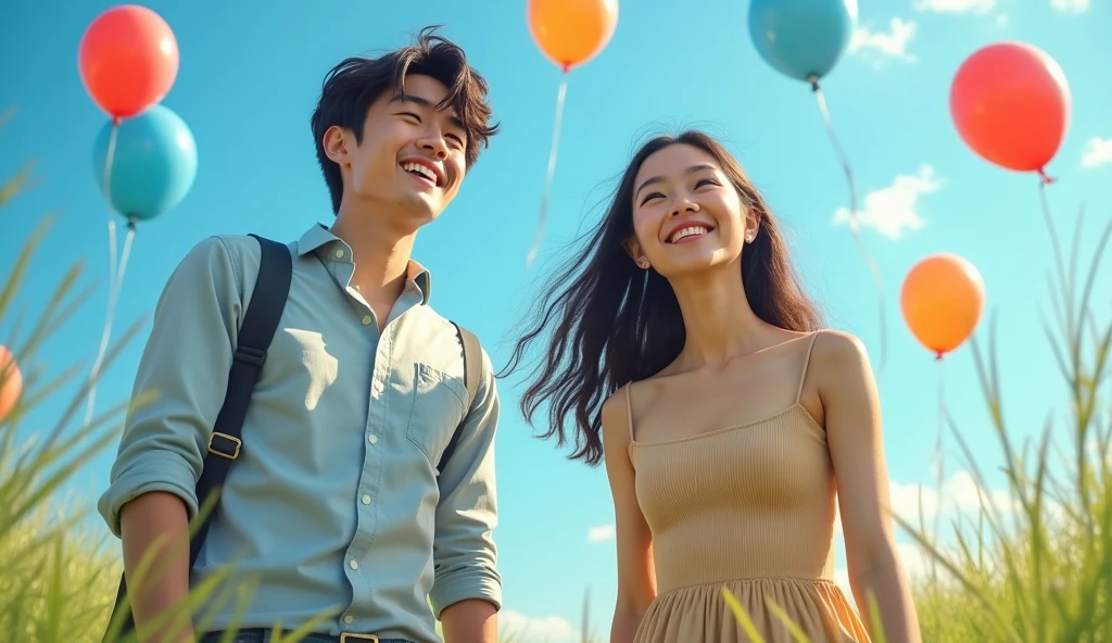 Two Japanese male and female university students in fashionable clothes are looking up with cheerful expressions on the grass,Excited, Photo of your face, Blue and red balloons floating in the background, with a natural look, With a slightly tired look, tilt your face a little, Diagonal orientation, Average face