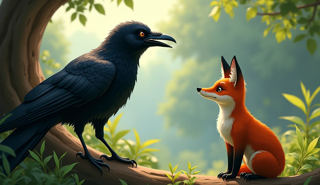 	Thinking about: The crow is looking down thoughtfully, understanding the fox&#39;s cunning. He has a smart smile on his face.