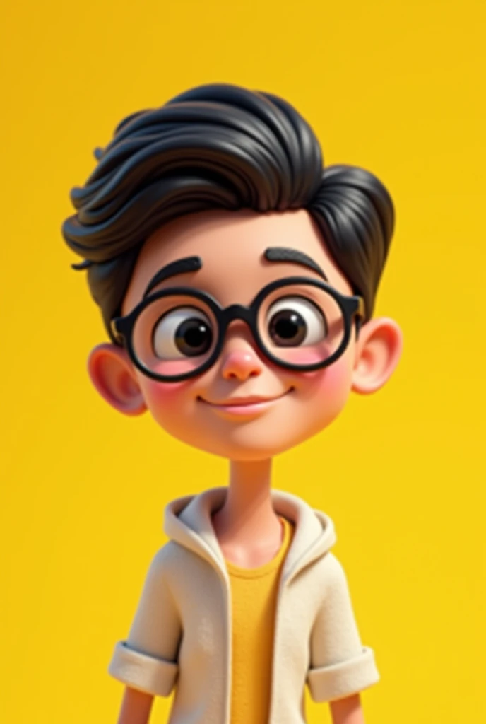 Create a 3D cartoon-style avatar of a teenager with black hair and glasses, set against a bright yellow background. The avatar should have a friendly and approachable expression, with smooth, youthful skin and simple, stylish clothing. The hair is black and neatly styled, and the glasses are modern and slightly rounded. The overall look should be vibrant and appealing, capturing the energy and personality of a typical teenager