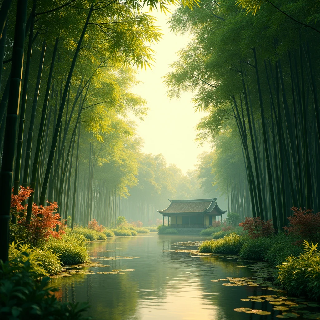 exuberant, Green bamboo forests in the Vietnamese countryside, Sunlight streaming through bamboo stalks, Dense maple leaves, peaceful atmosphere, Serene landscape, dramatic shadows, natural textures, Serene pond, Traditional Vietnamese architecture seen from a distance, Idyllic rural landscape, realistic, 8k, very detailed, movie lights, warm color palette