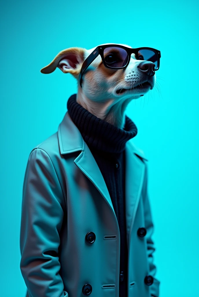 The best cell phone wallpaper, Award-Winning Wallpaper, portrait photography, In the front view is a portrait of a cute dog wearing mid-1960s space age fashion, Side view photo, Shot with Canon EOS R5, Set a strong contrast that accentuates the subject, Fluorescent blue tone, Wearing a very modern coat and sunglasses is a modern 1960s style, Clothes all in one color, beautiful background