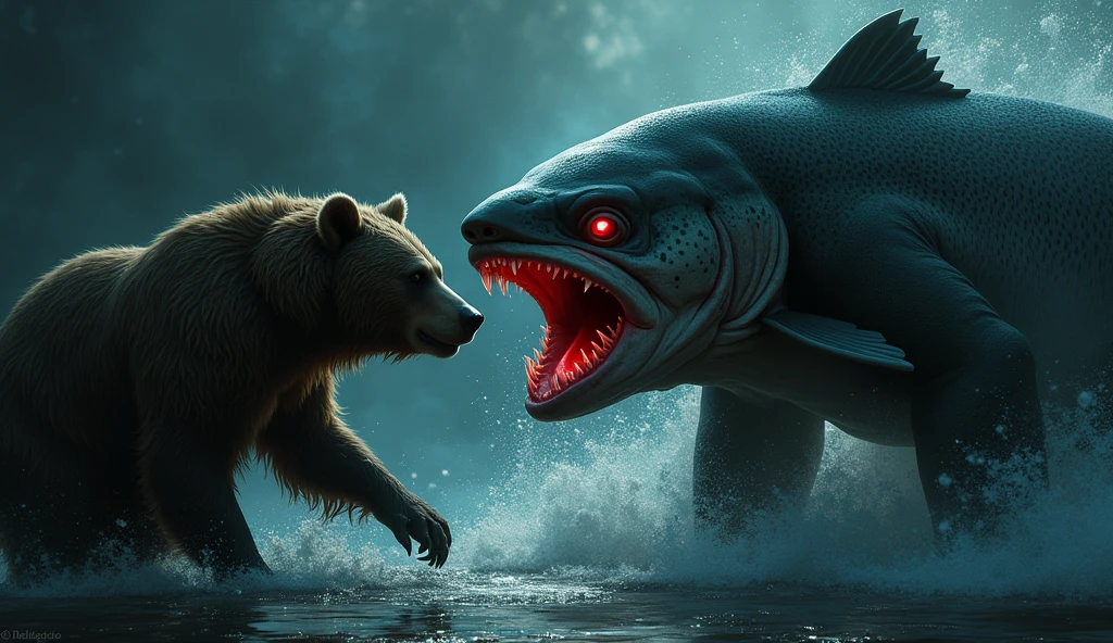 There is a shadow、Fish salmon、The fish has small black spots on its body.、Horror、Fish salmonの目は赤く光っている、Fish salmonと熊が戦っています、The bear is surprised、Fish salmonは熊に向かって大きく口を開けています