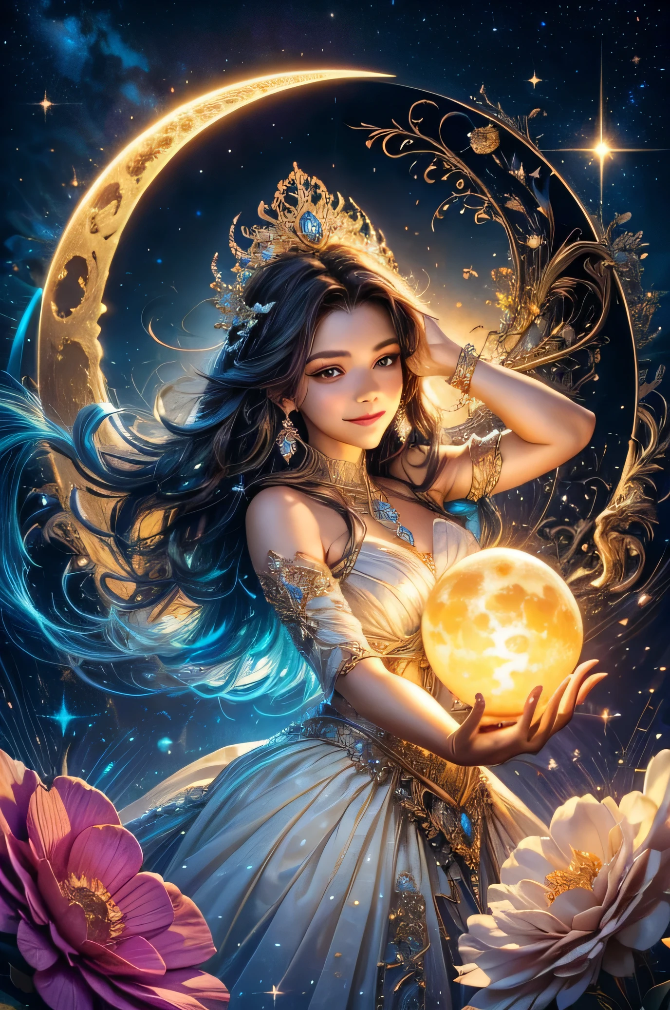 A light orb with magician circle around the orb, hand, many shining butterfly, beautiful smile, sparkle sky, shining, gust of wind, light bright flowers, sun and moon, dark light of fantastic and cosmological with universal. Amazing view very bright and warm starry. Detail, HD, Enchanted. Multiple colours. Beautiful perfect face and anatomy. Amazing bright dress. Very epic and bright, best pose. A goddess. Golden shining accessories. Cute. Sky half bright, half starry dark
