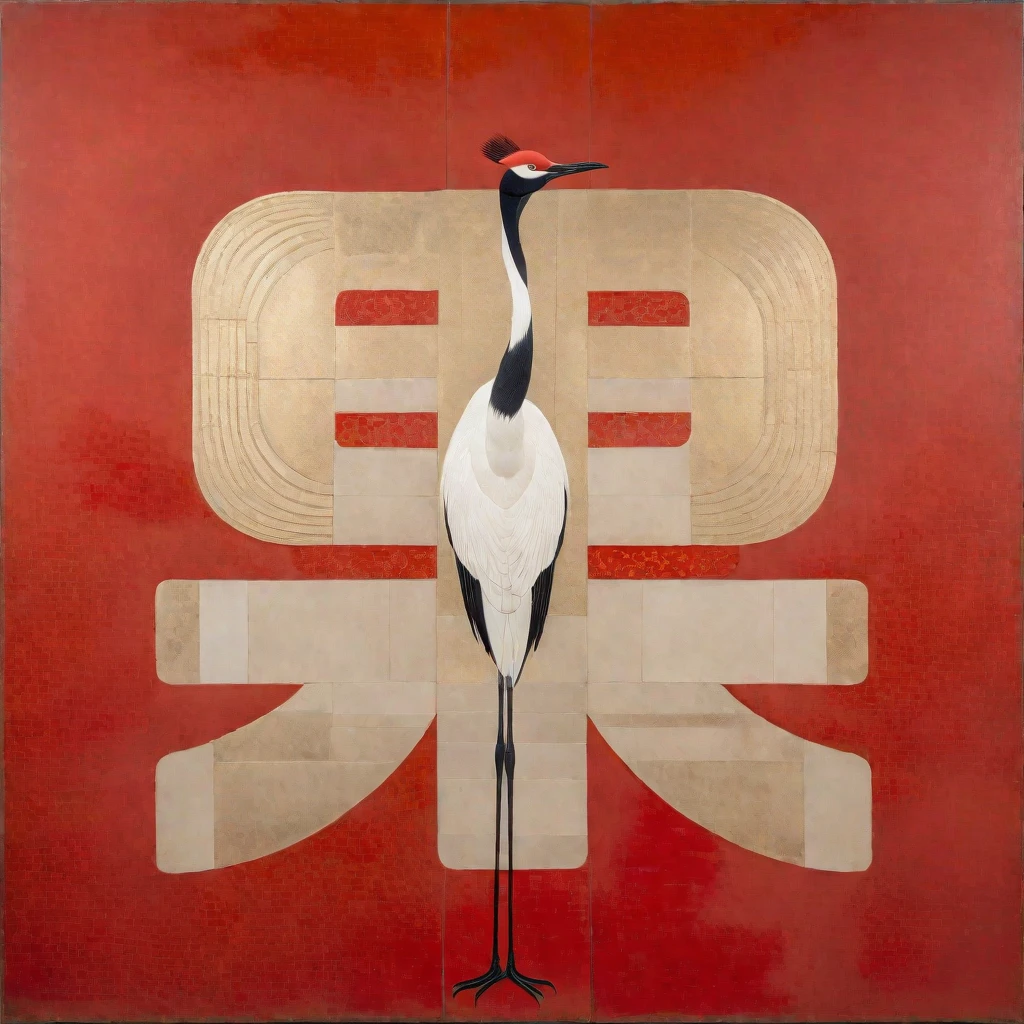 A red-crowned crane on a red background，There is a cut panel in the background, Japanese Art Museum, Dark white and light brown, Elegant and balanced, Standard collection, song huizong, Song Dynasty, Mosaic, Flat composition