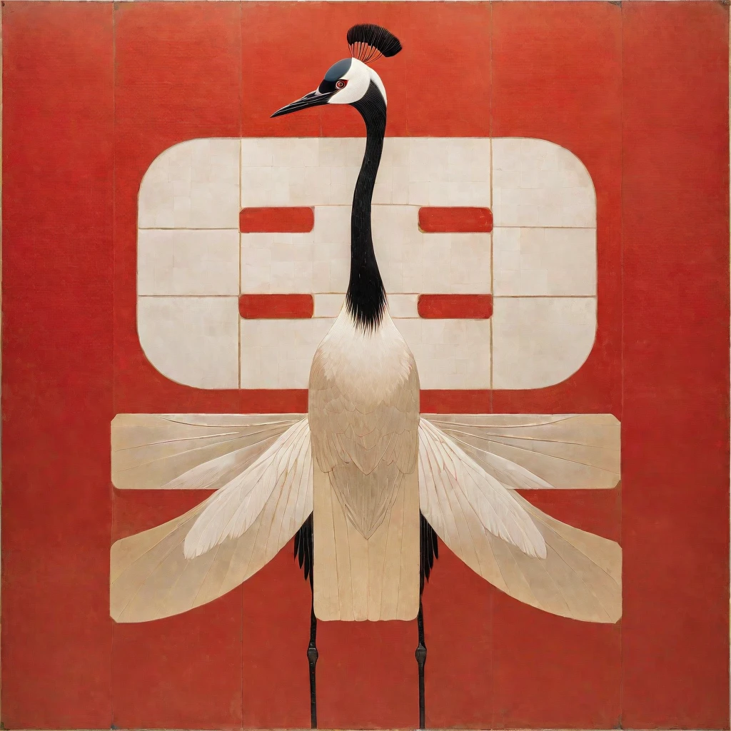 A red-crowned crane on a red background,There is a cut panel in the background, Japanese Art Museum, Dark white and light brown, Elegant and balanced, Standard collection, song huizong, Song Dynasty, Mosaic, Flat composition