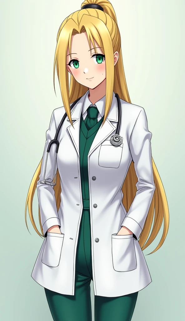 Ino Yamanaka from the Naruto anime wears a doctor's uniform, hair tied back, and green eyes.