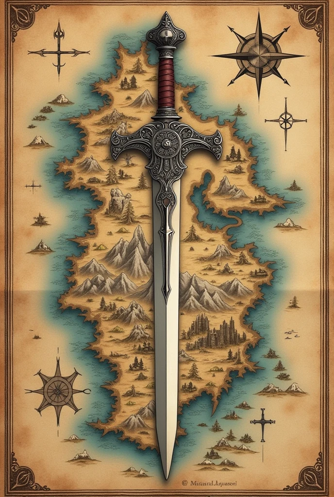 Narsil sword with the Middle Earth map in the background as a tattoo template 