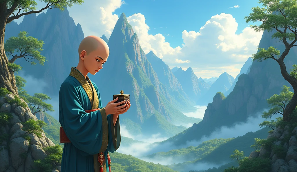 Chinese old bald young desciple looking at tiny box which he is holding at hand, concerned, frustrated, beautiful scenario, surrounded by mountains, trees, in anime style,