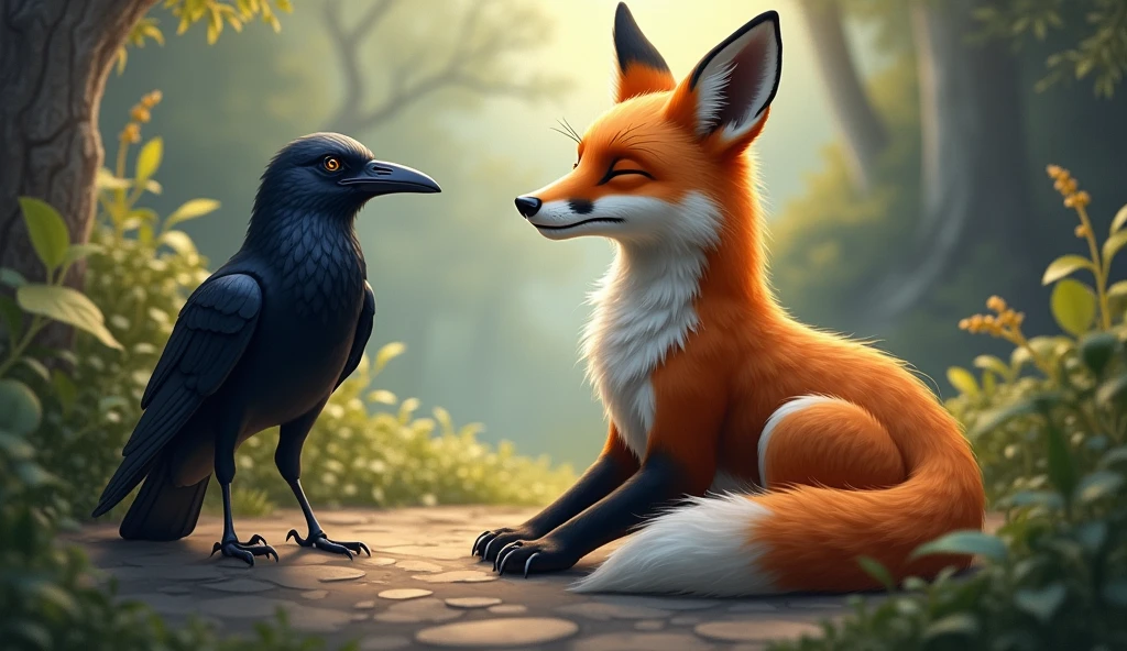 Fox's eyes closed: The fox is sitting on the ground with its eyes closed, while the crow is still perched on the branch, but there is a hint of movement in its wings.